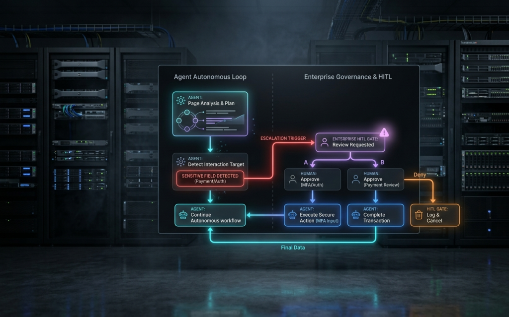 A structured sequence diagram and setup flow chart illustrating an automated browser agent pipeline, including explicit checkpoints where high-risk fields trigger an enterprise Human-in-the-Loop (HITL) escalation path.