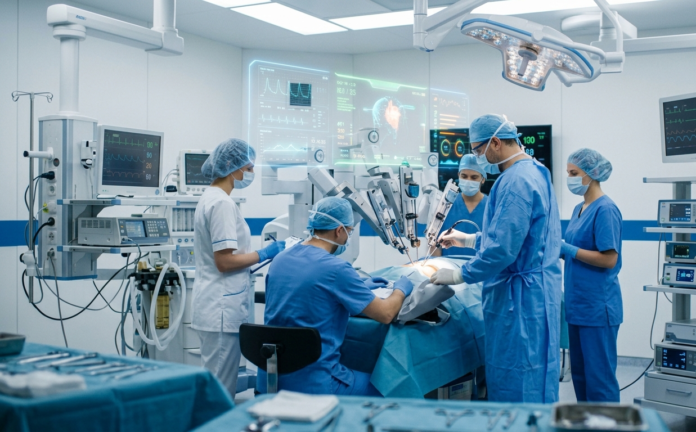 Surgical team performing a precision procedure using an AI-assisted robotic surgery platform with digital patient data displays in a modern 2026 operating room.