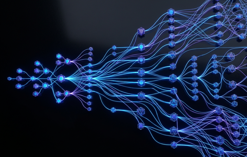 Sleek abstract network diagram featuring glowing geometric nodes connected by optical lines on a dark obsidian background, illustrating AI career growth.