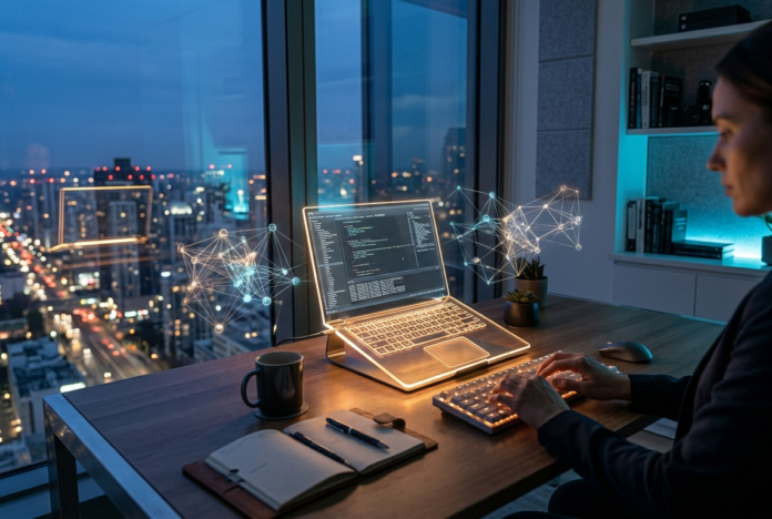 Editorial view of a modern tech workspace at dusk with abstract holographic neural networks floating near a glowing laptop setup.