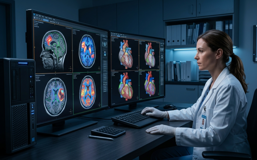 Radiologist analyzing 3D brain and cardiac MRI reconstructions with computer vision heatmaps on high-resolution displays in a diagnostic reading room.