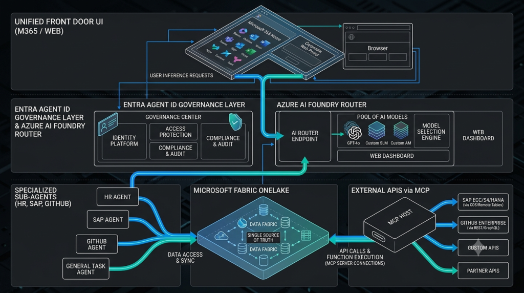 Comprehensive enterprise software architecture diagram illustrating the Copilot Super App front-door routing requests through Entra Agent ID security down to sub-agents and MCP tools.