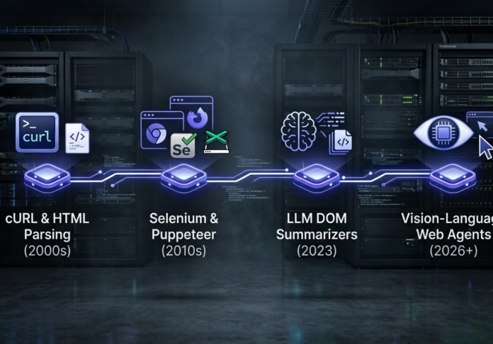 A horizontal timeline infographic showing the four-stage evolution of web automation from cURL and HTML parsing in the 2000s, to Selenium/Puppeteer in the 2010s, LLM DOM summarizers in 2023, and Vision-Language Web Agents in 2026+.