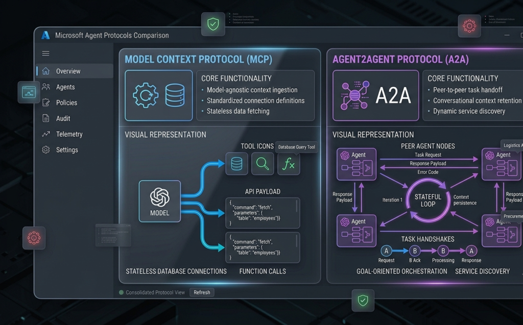 Side-by-side comparison matrix distinguishing Model Context Protocol (MCP) for tool ingestion from Agent2Agent (A2A) protocol for inter-agent delegation.