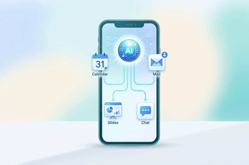 Meta AI app powered by Muse Spark 1.1 connecting to calendar, email, and slide-creation tasks.