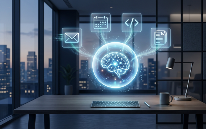 Meta AI Muse Spark 1.1 agentic assistant concept illustration showing connected email, calendar, and code icons around a central AI core.