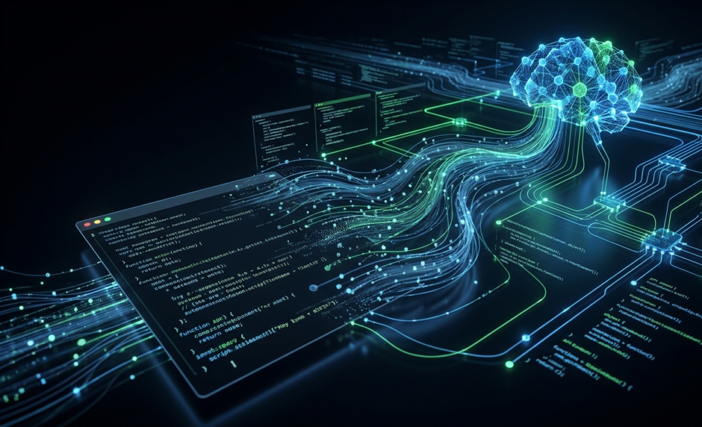 Meta Model API developer console concept art representing Muse Spark 1.1 agentic coding capabilities.
