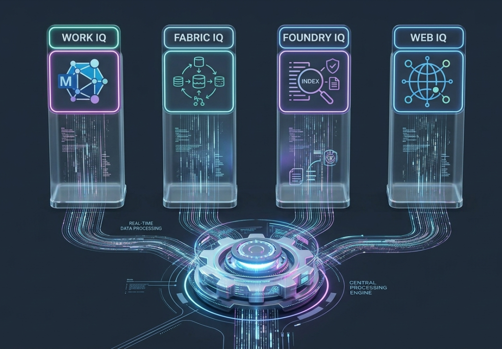 Technical infographic illustrating the four pillars of Microsoft IQ: Work IQ, Fabric IQ, Foundry IQ, and Web IQ channeling enterprise context into a central AI processing core.