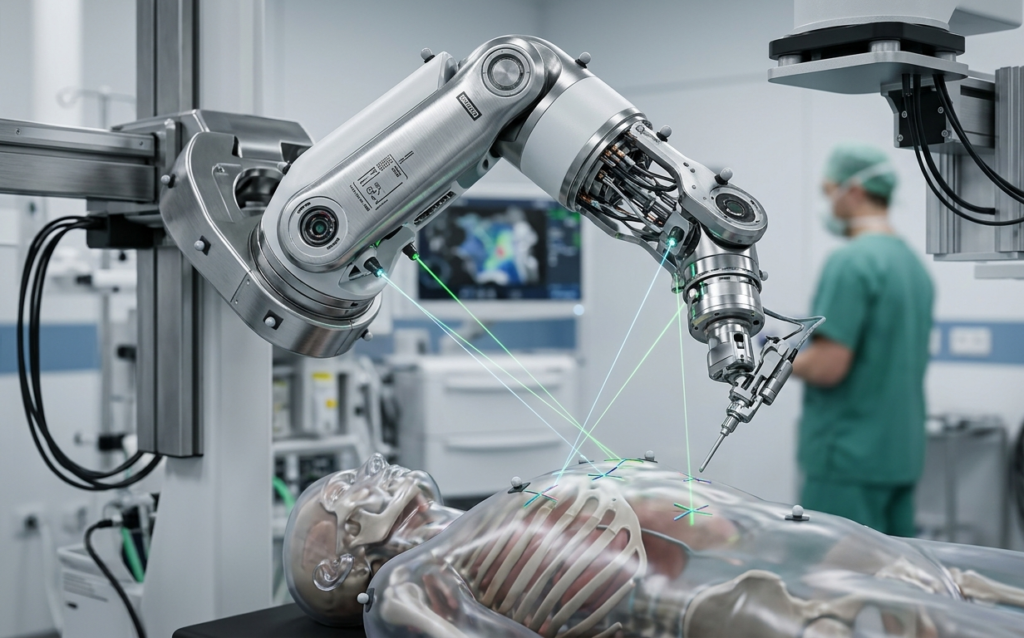 Close-up view of an AI-guided robotic surgical arm featuring dynamic optical tracking sensors and optical guidance beams over a anatomical model.