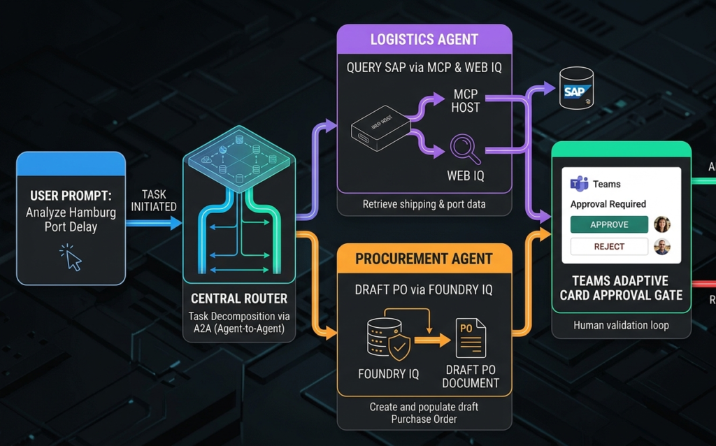Step-by-step flowchart diagram illustrating how an enterprise user prompt routes across a logistics agent and procurement agent with an Adaptive Card human-in-the-loop approval step.