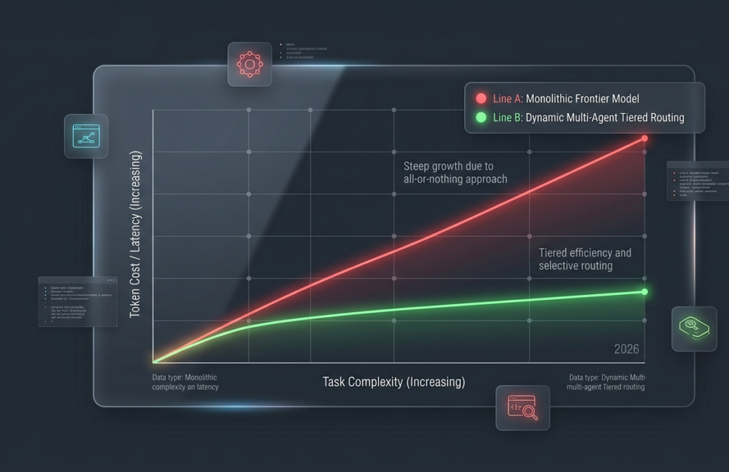 Performance line chart comparing the steep token cost and latency of monolithic models against the optimized cost curve of dynamic multi-agent model tiering.