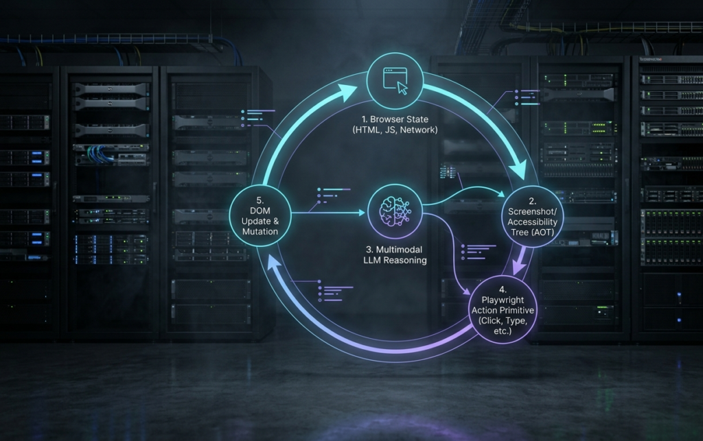 A clean, high-tech architectural diagram illustrating the closed-loop perception-reasoning-action workflow of an AI browser agent, showing data flow from browser state to VLM analysis and back to Playwright action primitives within a dark server room context.