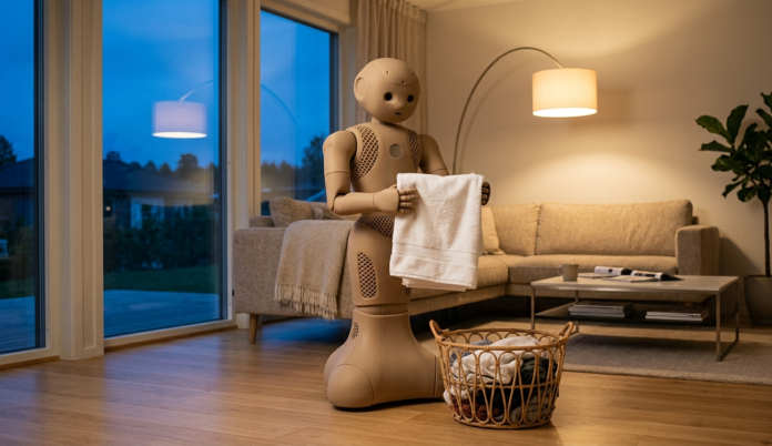 Tan humanoid home robot with soft polymer body folding a towel in a modern living room