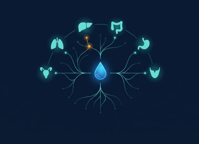 Illustration of a blood droplet connected by glowing data lines to multiple organ icons, representing AI-powered multi-cancer early detection blood test technology