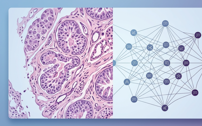 Abstract illustration showing a pathology tissue slide next to an AI neural network diagram, representing how the PRISM2 model interprets pathology slides using clinical dialogue