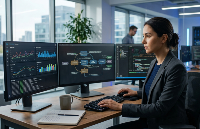 AI Agent Engineer designing autonomous agent workflows using data dashboards and orchestration tools in a modern technology office.