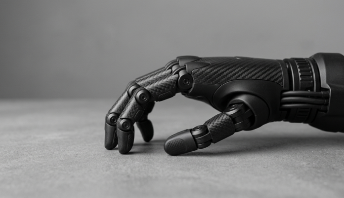 Close-up of a black carbon-fiber AI-powered bionic prosthetic hand with articulated fingers.