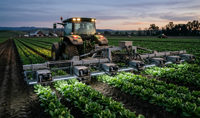 Agricultural laser weeding machine with camera modules operating in a vegetable field at dusk.