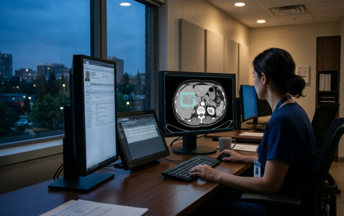 Radiologist reviewing an abdominal CT scan on a medical monitor in a hospital reading room, illustrating AI-assisted liver cancer diagnosis.