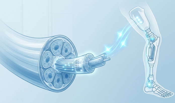 Illustration of a nerve electrode implant sending signals to an AI system that decodes intended knee, ankle, and toe movements for a prosthetic leg.