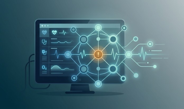 Abstract illustration of an AI network overlaid on a hospital monitor screen, representing AI-based sepsis detection technology