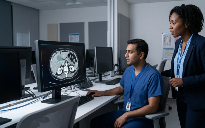 Radiologist and hospital administrator reviewing a diagnostic imaging scan on a monitor in a hospital reading room, representing collaborative clinical AI governance.