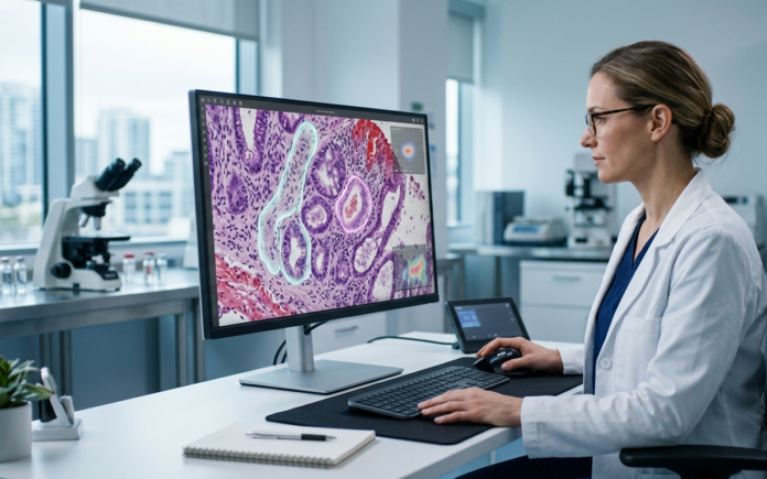 Digital pathology workstation displaying a magnified tissue sample with AI-assisted analysis visualization, representing AI tools used in breast cancer diagnostics.