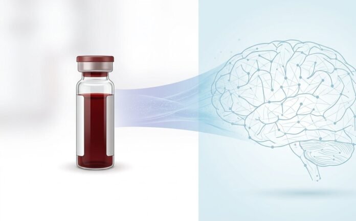 Gloved hand holding a blood sample vial in a clinical lab, symbolizing the new FDA-approved Alzheimer's blood test