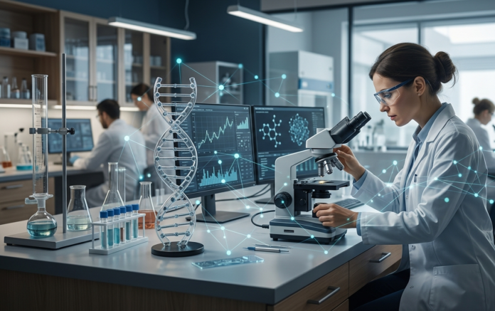 Illustration of a research laboratory with abstract AI network imagery, representing Anthropic's expansion of Claude access for scientific researchers.