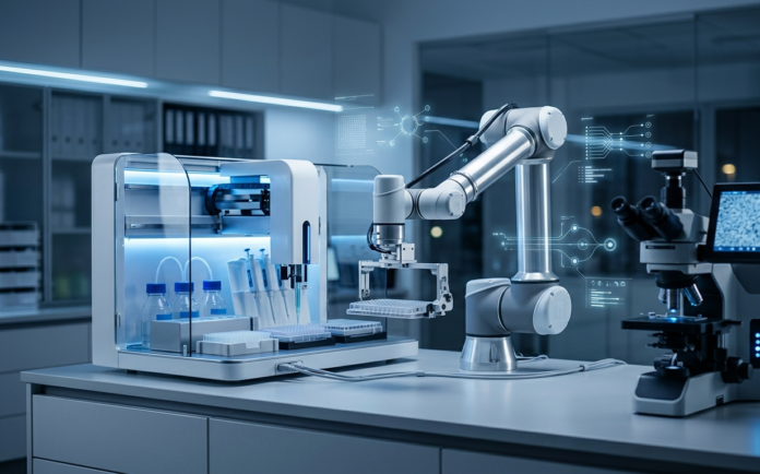 Robotic arm, liquid handler, and microscope connected in a modern lab, representing Anthropic's Model Hardware Standard for AI-operated equipment.