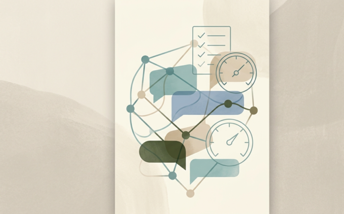 Abstract editorial illustration representing AI evaluation and wellbeing standards in muted teal and neutral tones.