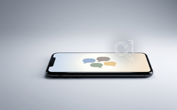 Abstract editorial illustration of a device screen with four muted speech-bubble icons and a subtle analysis motif, representing research comparing AI chatbot behaviors.