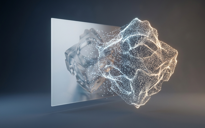Conceptual image of a 3D object made of particle-like points, illustrating relightable Gaussian-based 3D generation research from Apple.