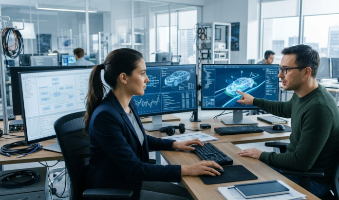 Engineering workstation displaying vehicle software simulation and system diagrams, representing agentic AI in automotive development.