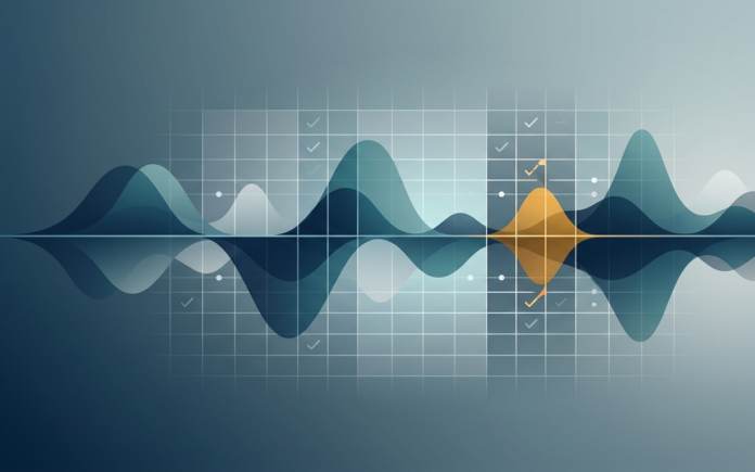 Abstract illustration of a soundwave overlaid with a measurement grid, representing speech recognition benchmark evaluation.