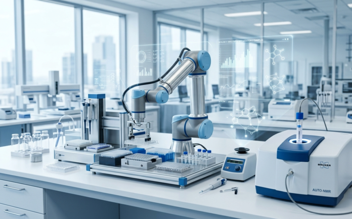 Robotic lab automation equipment and analytical instruments in a modern chemistry laboratory representing AI-driven self-driving lab technology.