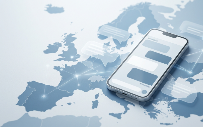 Abstract editorial illustration representing digital advertising expanding across a map of Europe, symbolizing OpenAI's ChatGPT Ads rollout.