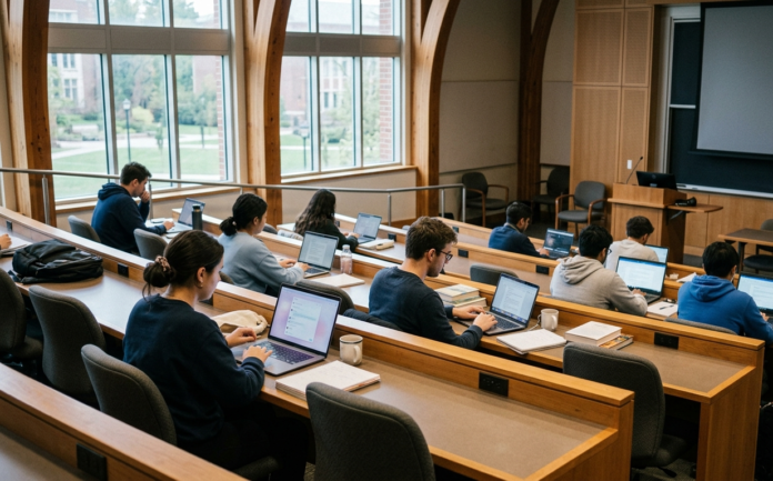 University students working at laptops in a lecture hall, illustrating a study on ChatGPT and critical-thinking training
