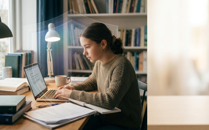 Split image of a teenager studying at a laptop alongside a subtle protective shield motif, with open space for text, representing OpenAI's ChatGPT for Teens