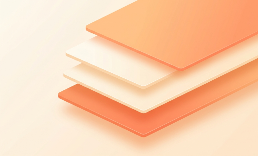Three abstract layered panels in orange and cream tones representing tiered software access levels. Claude free