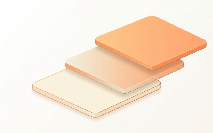Three abstract layered panels in orange and cream tones representing tiered software access levels.