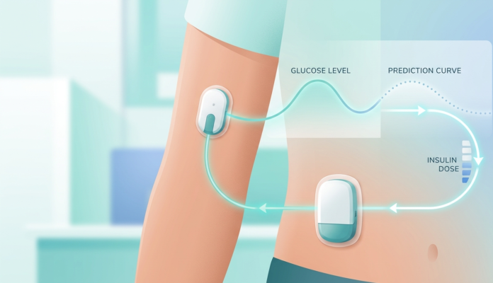Illustration of an automated insulin delivery system showing a wearable pump and glucose sensor connected by a data loop representing continuous glucose prediction and insulin dosing.