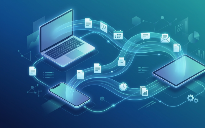 Abstract illustration of a laptop, smartphone, and tablet connected by glowing lines representing AI task automation across devices.