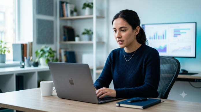 Entry-level data science candidate reviewing charts and code on a laptop before a virtual technical interview