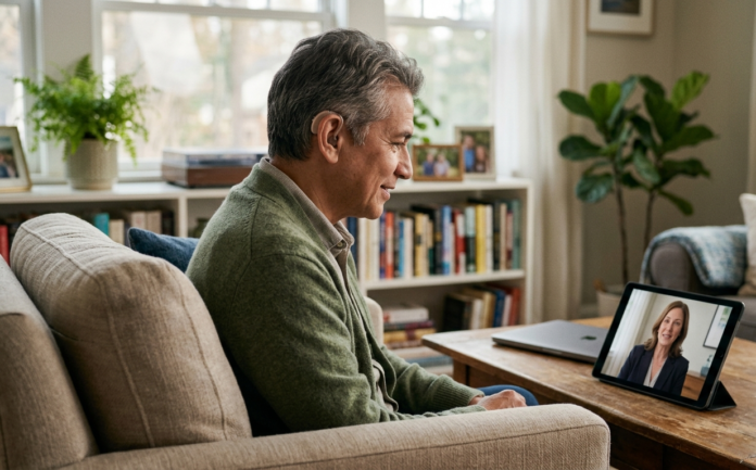 Person using a hearing aid during a live video consultation with an audiologist from home.