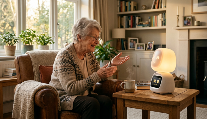 Elderly person conversing with a small AI companion robot with a glowing head on a table in a home living room.