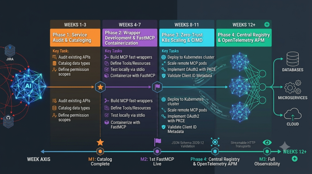 12-week enterprise implementation timeline for deploying Model Context Protocol across four distinct phases from audit to APM observability