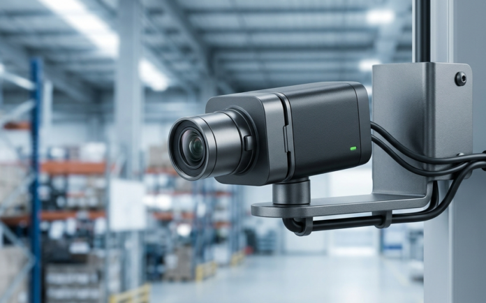 Industrial edge AI camera with modular lens housing mounted in a factory-style setting, representing the EverFocus PHX-N1000 category of device.