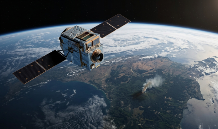 Illustration of a multispectral Earth-observation satellite in low Earth orbit above a forested landscape with a small wildfire smoke plume, representing the FireSat wildfire detection constellation.