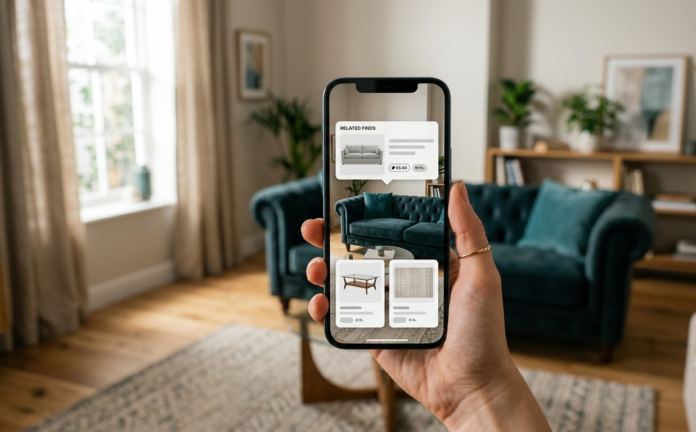 Smartphone displaying a visual furniture search interface in a softly lit modern living room.